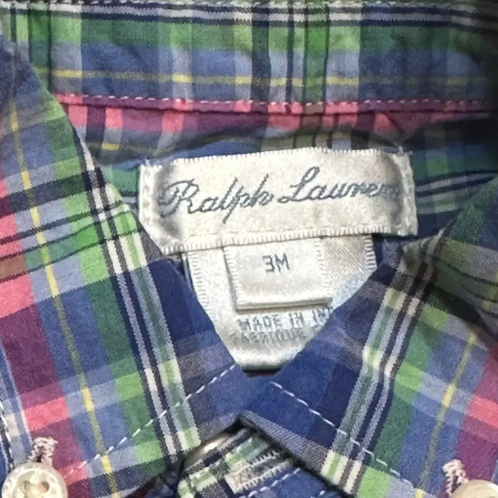 Ralph Lauren Blue Plaid Long Sleeve Button Down Shirt sz 3M